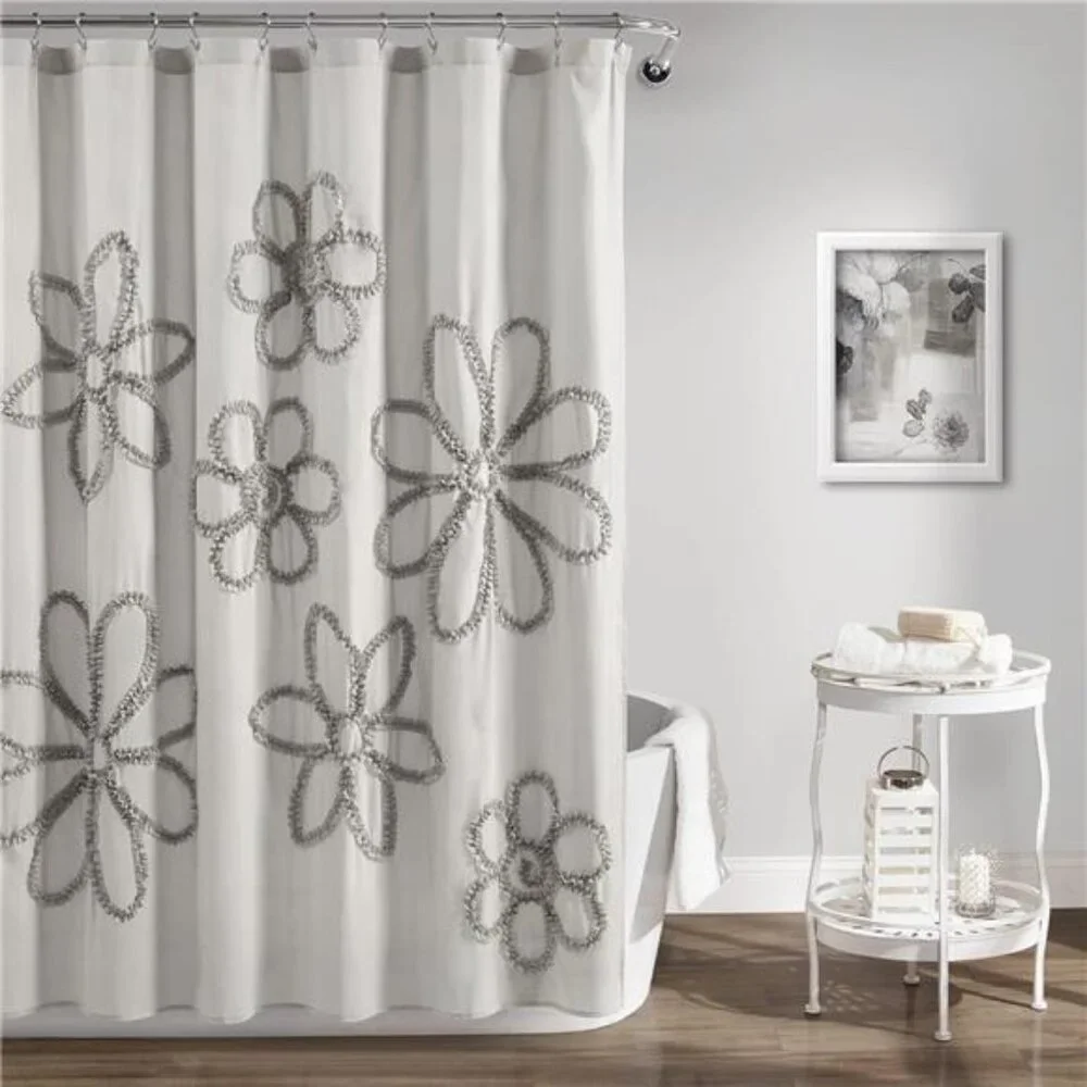 White Ruffle Flower Polyester Shower Curtain, 72
